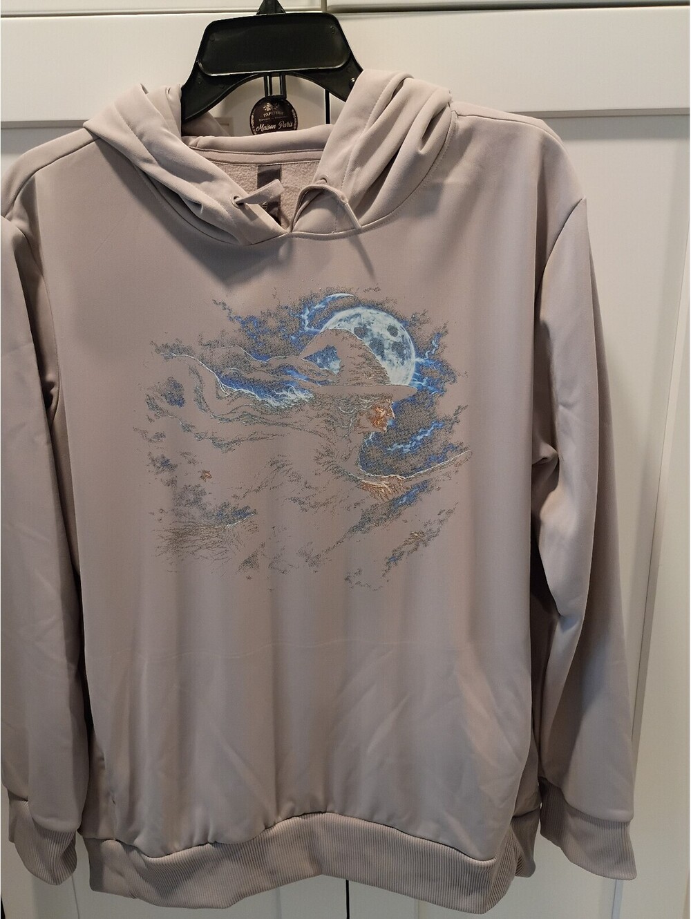 Mondetta Light Beige Hoodie with Witch and Moon Graphic, Size Large